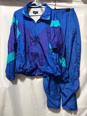 Vintage Electric Blue Wind Breaker Suit with Teal Accents